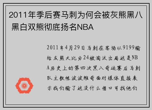 2011年季后赛马刺为何会被灰熊黑八 黑白双熊彻底扬名NBA