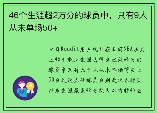 46个生涯超2万分的球员中，只有9人从未单场50+
