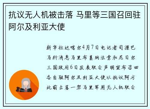 抗议无人机被击落 马里等三国召回驻阿尔及利亚大使
